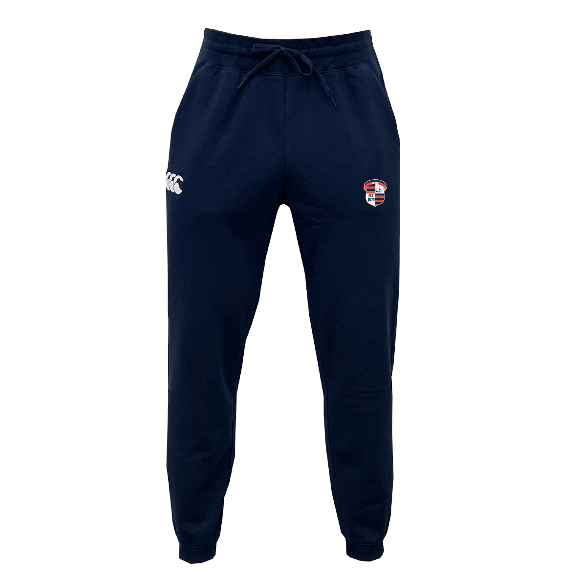 The Illinois Women's RFC Leisure Sweatpant by EMB Canterbury features a drawstring waist and is crafted from sustainable, recycled polyester in navy blue. It includes a logo on the left thigh and a smaller logo on the right thigh.