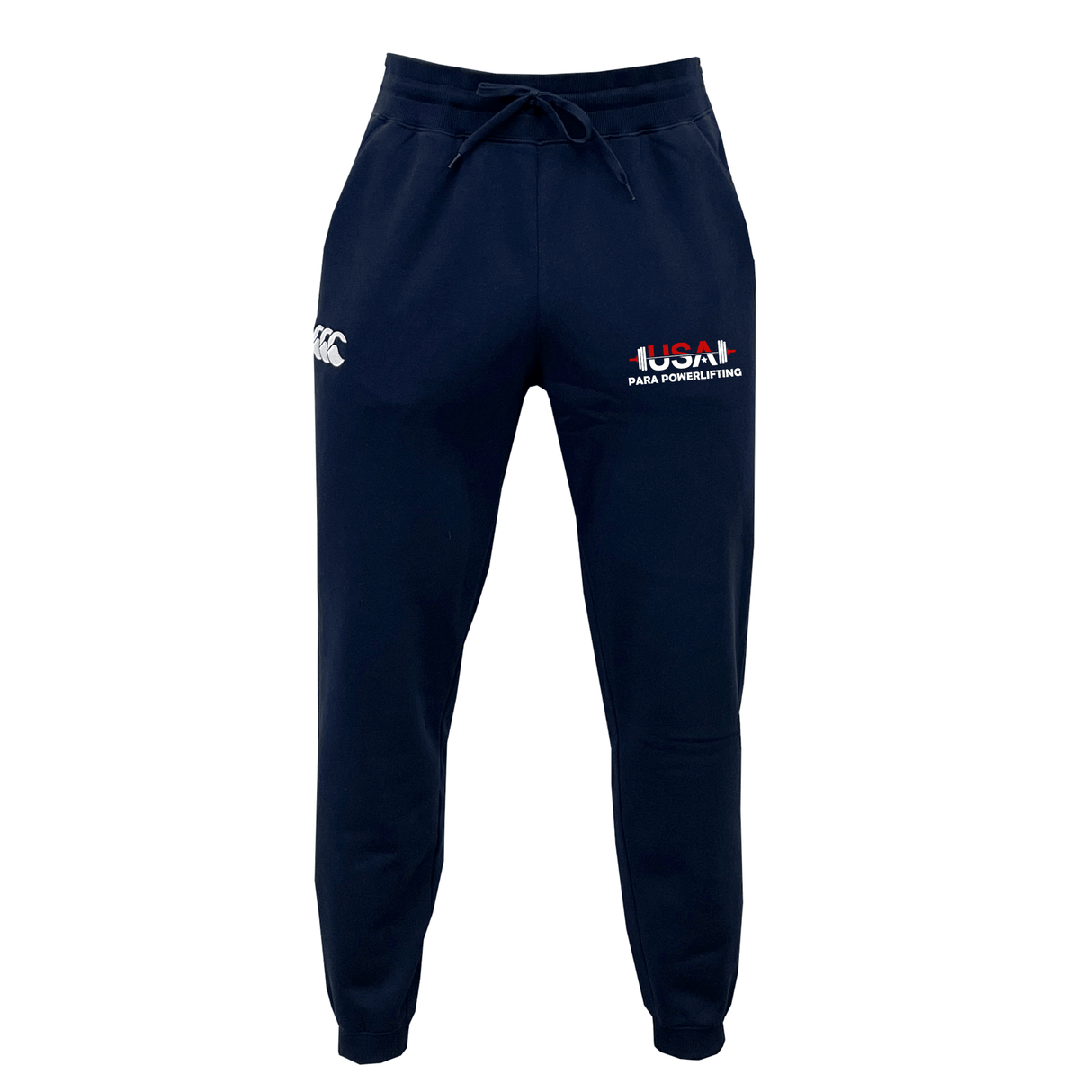 The USA Para Powerlifting Leisure Sweatpant by EMB Canterbury features a drawstring, logo on the left thigh, "USA Powerlifting" text on the right, and is made from recycled polyester fleece for comfort and sustainability.