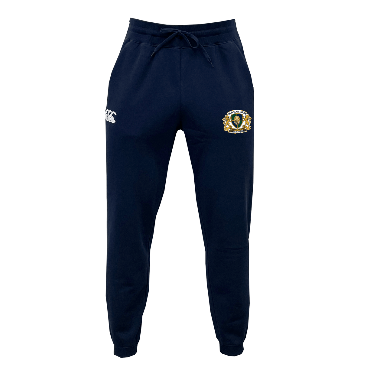 Old Man Rivah Rugby Leisure Sweatpant by EMB Canterbury in navy blue with a drawstring waist, white Canterbury logo on the right thigh, and an embroidered crest on the left thigh.