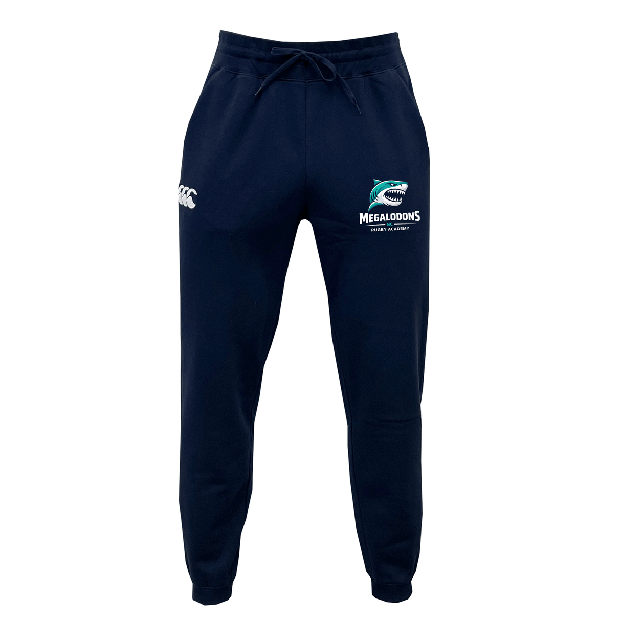 The NC Rugby Academy - Megalodons Leisure Sweatpant by EMB Canterbury features a drawstring waist, navy blue sustainable fabric, white CCC logo on the left, and Megalodons Swim Academy logo on the right thigh.