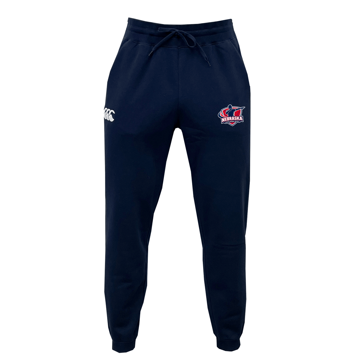 The Nebraska Rugby Referee Society Leisure Sweatpant by EMB Canterbury features navy blue sustainable fabric, a drawstring waist, a white logo on the left thigh, and a red and white Nebraska rugby badge on the right thigh.