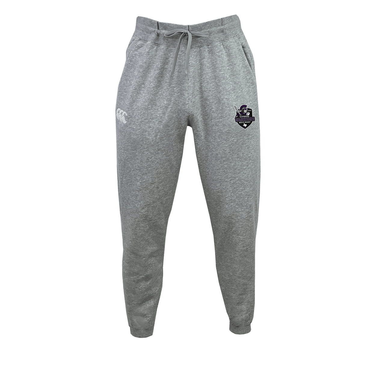 The Cypress Warriors Men's Rugby Leisure Sweatpant by EMB Canterbury features light grey organic cotton and recycled polyester fleece, an elastic waistband with drawstring, and two embroidered logos on the upper thighs. Shown on a plain white background.