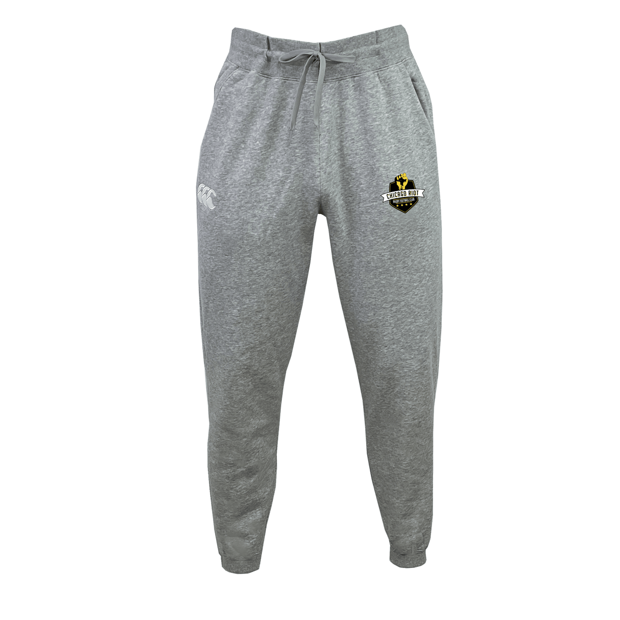 Chicago Riot Leisure Sweatpant by EMB Canterbury in gray, featuring a drawstring waist, side pockets, and two thigh logos. Made from recycled polyester fleece. Shown against a white background.