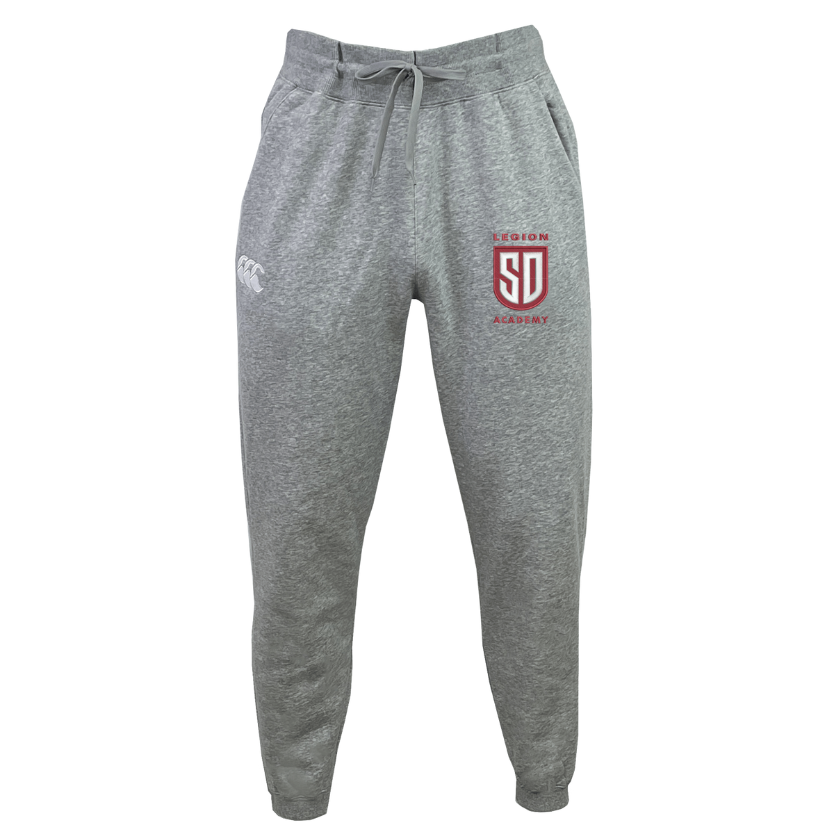 Grey Canterbury Legion Academy Women’s Leisure Sweatpant in organic cotton, featuring a drawstring waist, a logo on the left hip, and a red and white “Legion Academy SD” emblem on the right thigh.
