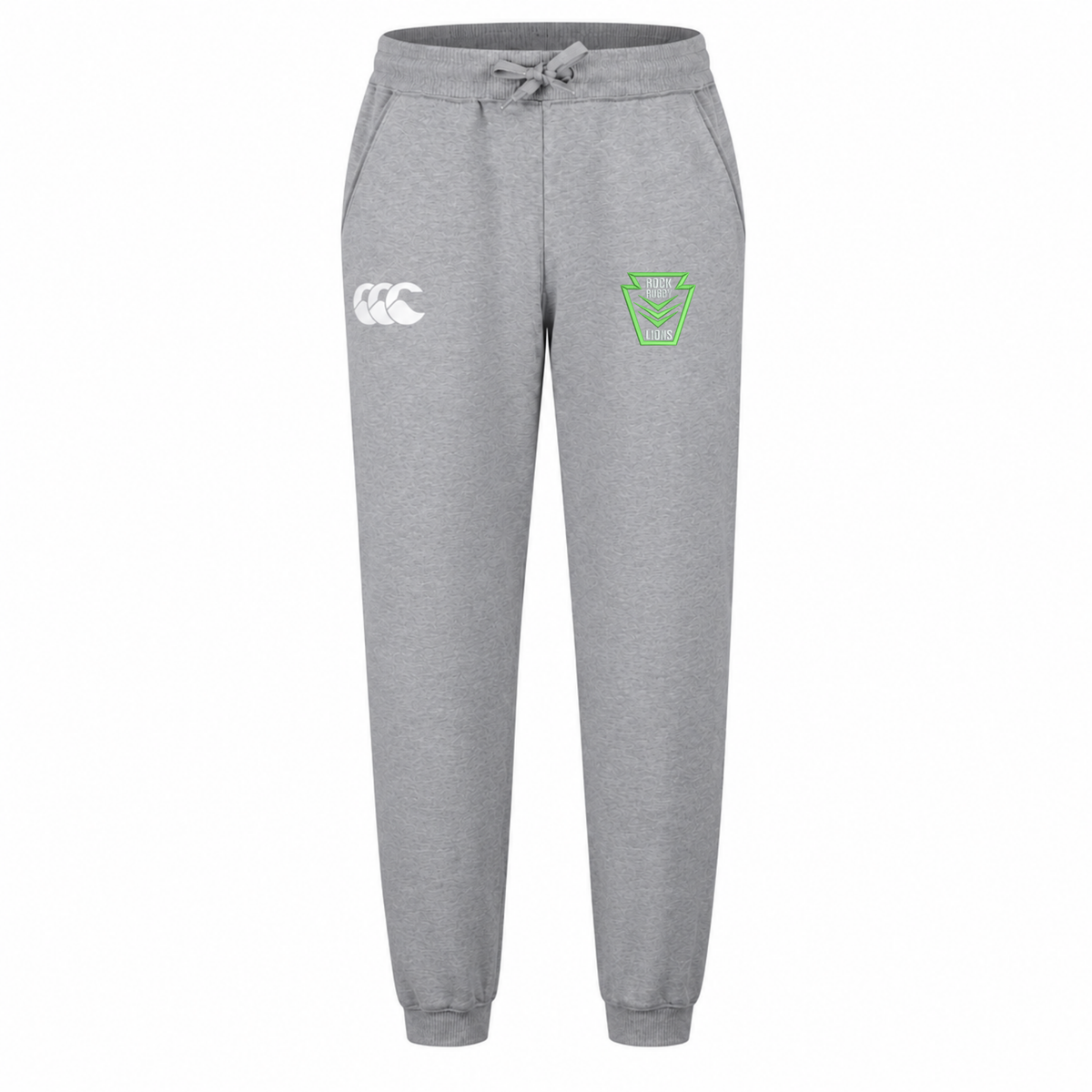 Grey organic cotton Rock Rugby Leisure Sweatpant by Canterbury with a drawstring waist, an embroidered logo on the right hip, and a green shield-shaped graphic on the left hip.