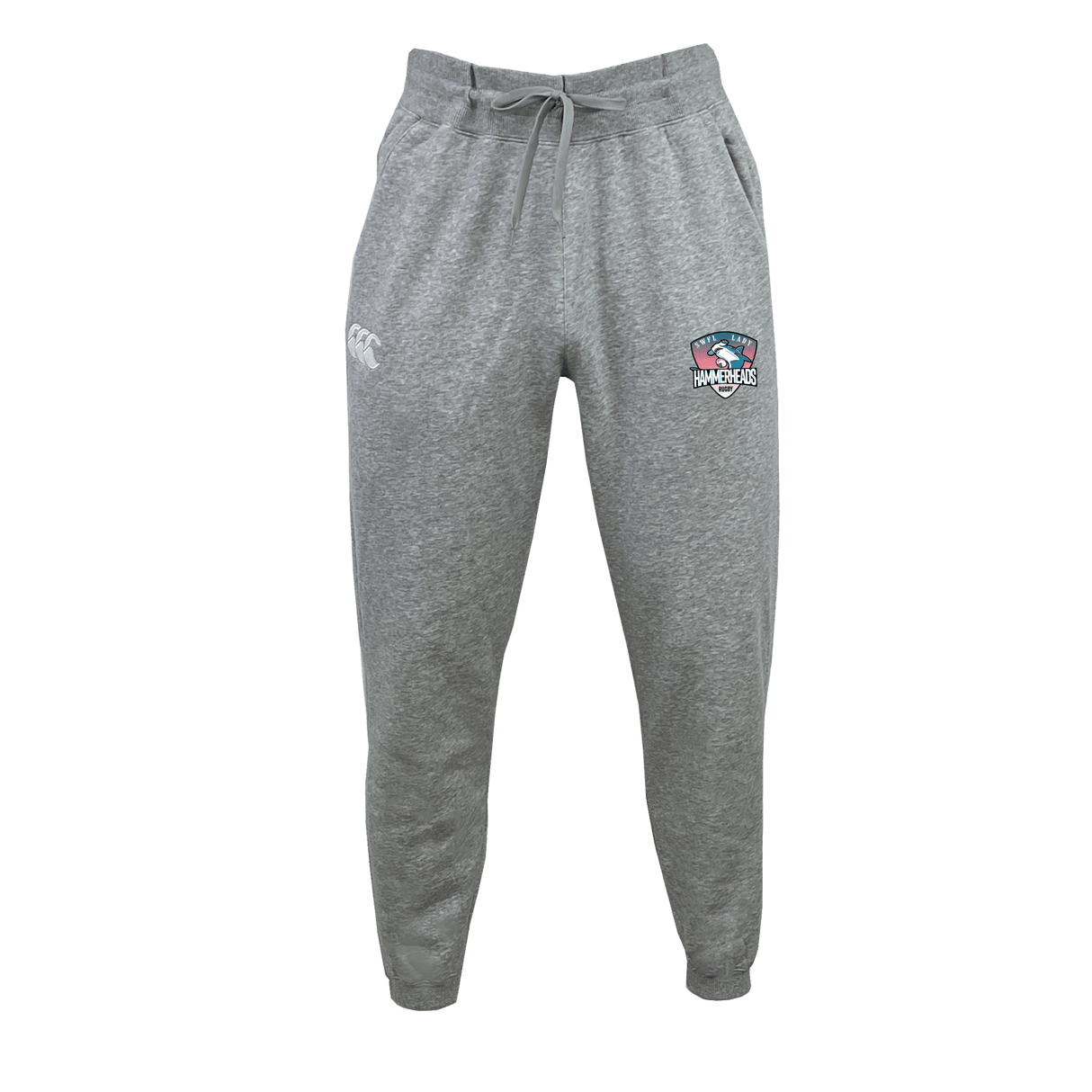 The SWFL Lady Hammerheads Leisure Sweatpant by WRS Canterbury features gray recycled polyester fleece, a drawstring waistband, white logo on the left thigh, and a rugby-themed emblem on the right—shown on a plain white background.