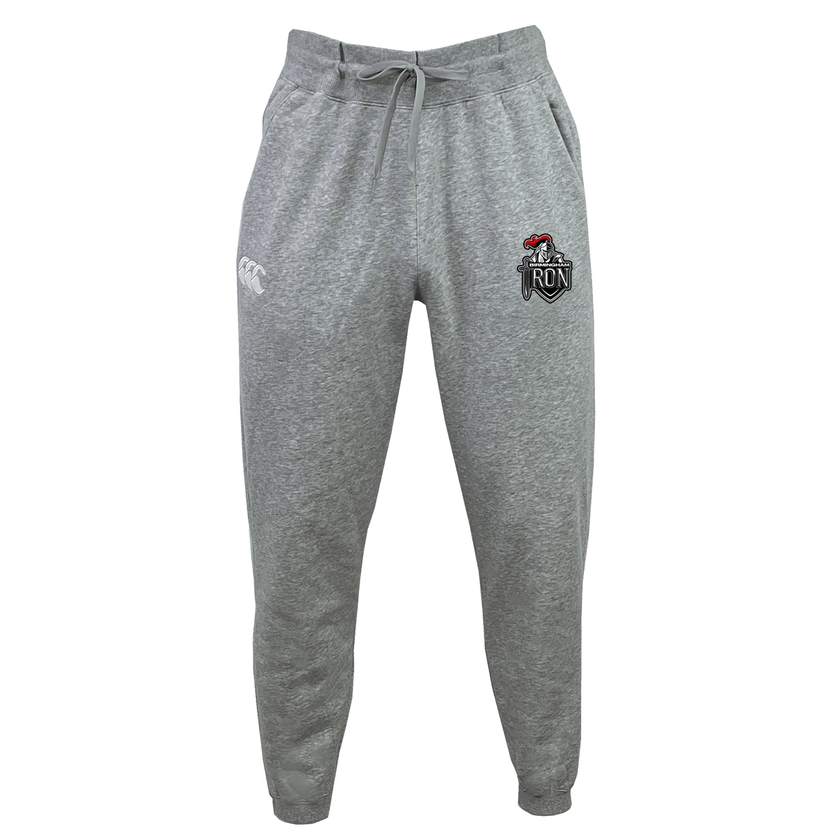The EMB Canterbury Birmingham Iron Women's Football Leisure Sweatpant features a drawstring waist, two side pockets, and embroidered logos on each thigh. Made from organic cotton, it’s shown against a plain white background.