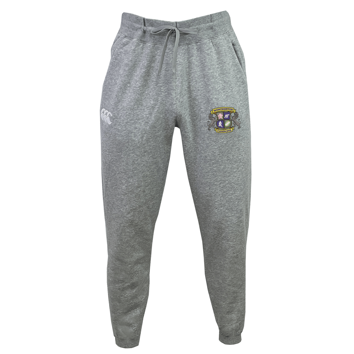 The Winchester Cannons Leisure Sweatpant by EMB Canterbury features recycled polyester fleece in gray, a drawstring waist, crest logo on the right thigh, and white Canterbury logo on the left thigh, shown on a white background.