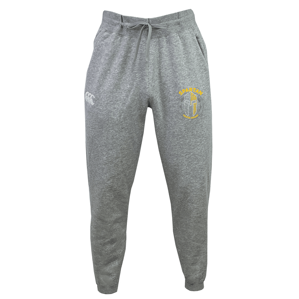 The Spartan Youth Rugby Leisure Sweatpant by EMB Canterbury features an elastic waistband, drawstring, and two embroidered logos (white on left thigh, yellow on right) in soft recycled polyester.