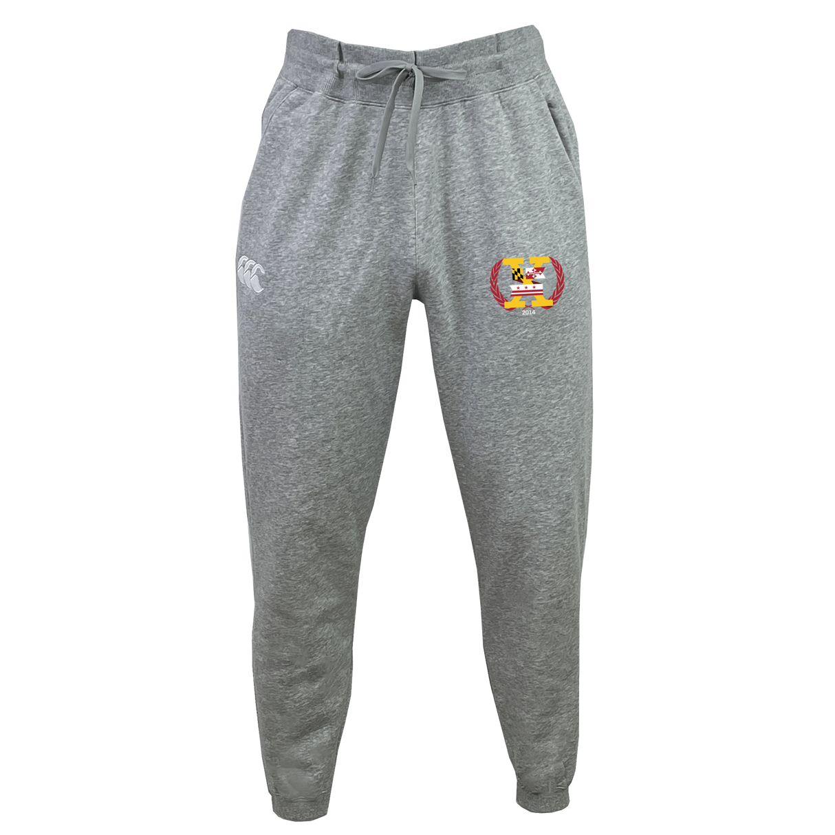 Potomac Exiles Rugby Club Leisure Sweatpants by EMB Canterbury, featuring sustainable gray fabric with a drawstring waist, white Canterbury logo on the left thigh, and a colorful Potomac Exiles crest on the right thigh, displayed against a plain background.