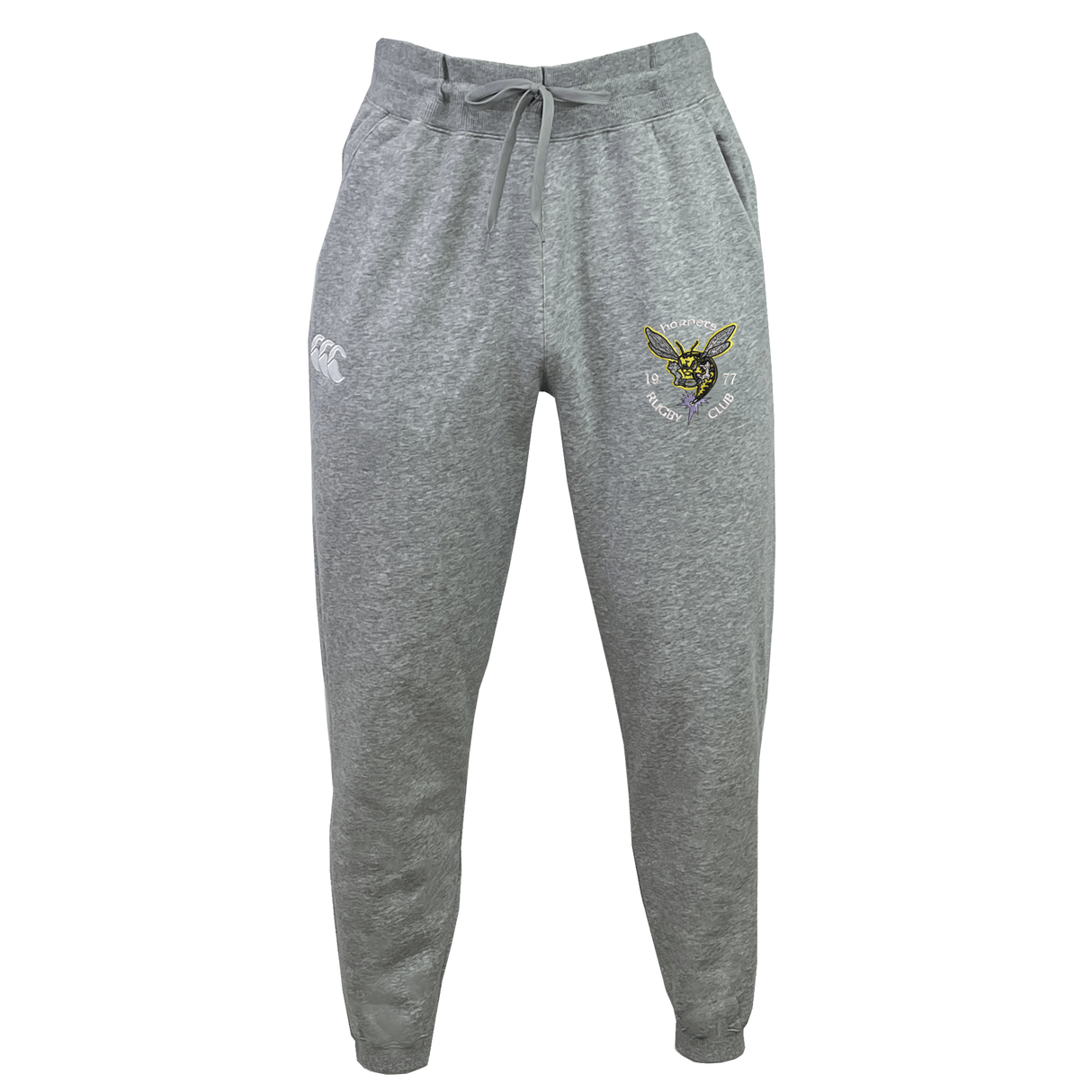Hornets Rugby Club 1977 Leisure Sweatpant by EMB Canterbury in gray, featuring a drawstring waist, an embroidered Hornets Rugby Club logo on the right thigh, and a white Canterbury brand logo on the left thigh. Displayed against a white background and crafted from soft recycled polyester for enhanced comfort and sustainability.