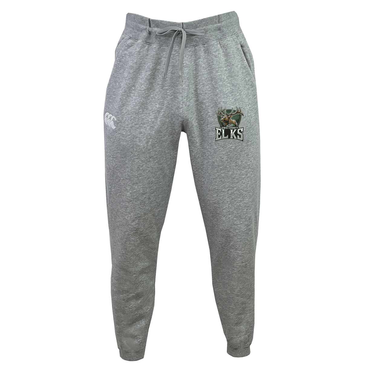 Introducing the Lewis County Elks Leisure Sweatpant by EMB Canterbury: crafted from organic cotton for supreme comfort, these gray sweatpants feature a drawstring waist, a white logo on the left thigh, and an “ELKS” logo with an elk graphic on the right thigh—blending sustainable design with signature style.