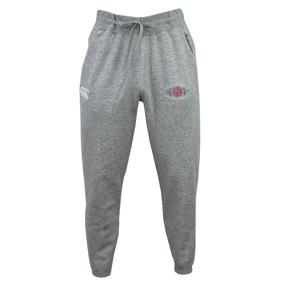 The Santa Rosa Youth Rugby Leisure Sweatpant by EMB Canterbury features soft gray recycled polyester fleece, an elastic waistband with drawstring, cuffed ankles, a white Canterbury logo on the left thigh, and a red rose emblem on the right thigh—all showcased against a plain background.