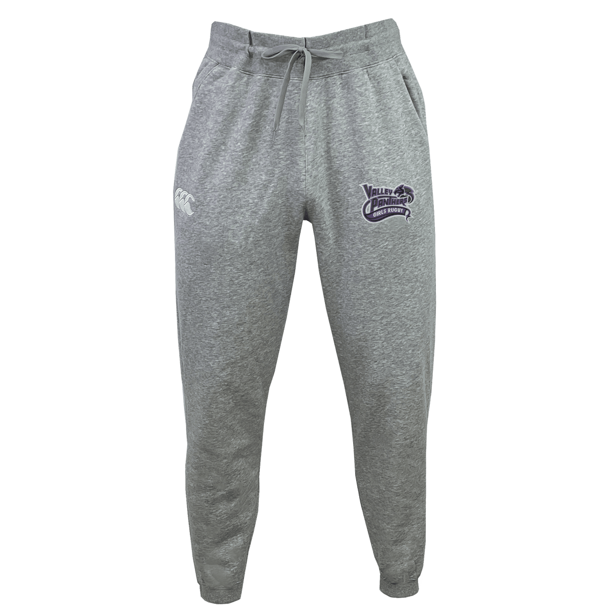 The Valley Panthers Girls Rugby Leisure Sweatpant by EMB Canterbury features a gray design with a drawstring waist, crafted from recycled polyester and organic cotton for an eco-friendly feel. These sweatpants display a white EMB Canterbury logo on the right thigh and a purple “Valley Panthers” graphic on the left thigh, set against a plain white background.