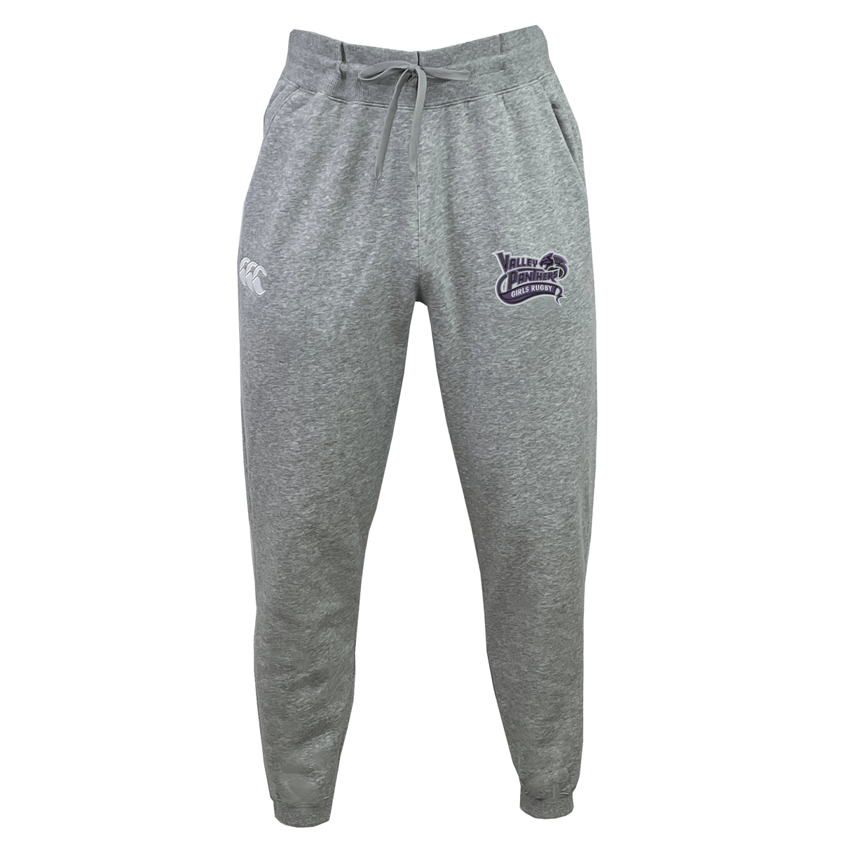 The Valley Panthers Girls Rugby Leisure Sweatpant by EMB Canterbury features a gray design with a drawstring waist, crafted from recycled polyester and organic cotton for an eco-friendly feel. These sweatpants display a white EMB Canterbury logo on the right thigh and a purple “Valley Panthers” graphic on the left thigh, set against a plain white background.