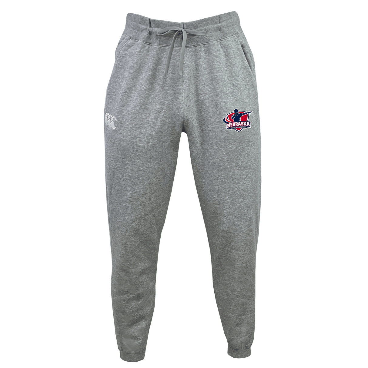 The Nebraska Rugby Referee Society Leisure Sweatpant by EMB Canterbury is a gray, sustainable sweatpant with a drawstring, featuring the Canterbury logo on the left and Nebraska rugby logo on the right thigh.