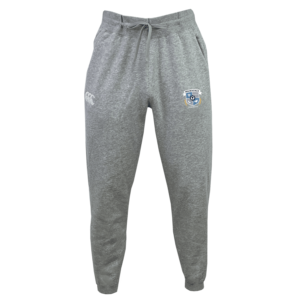 Milwaukee Barbarians Rugby Leisure Sweatpant by EMB Canterbury, crafted from organic cotton with elastic waistband, drawstring, and two embroidered logos on the front, shown against a white background.