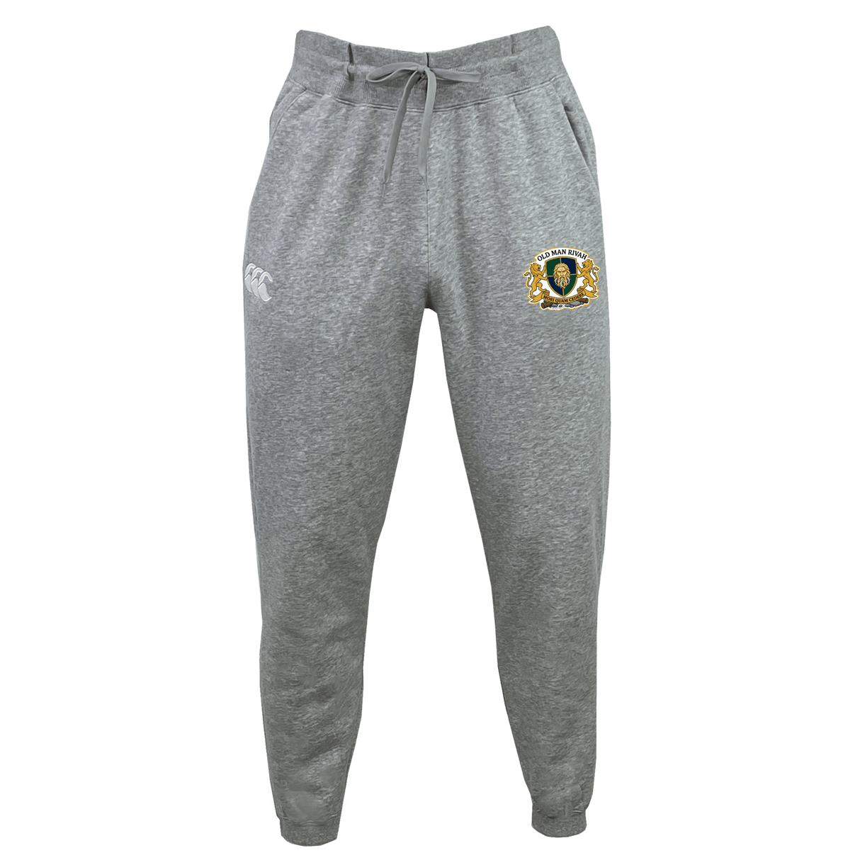 The Old Man Rivah Rugby Leisure Sweatpant by EMB Canterbury features a drawstring waistband, embroidered crest on the right thigh, and white logo on the left thigh. Made from soft organic cotton sweatpants fabric, it's presented on a plain background.