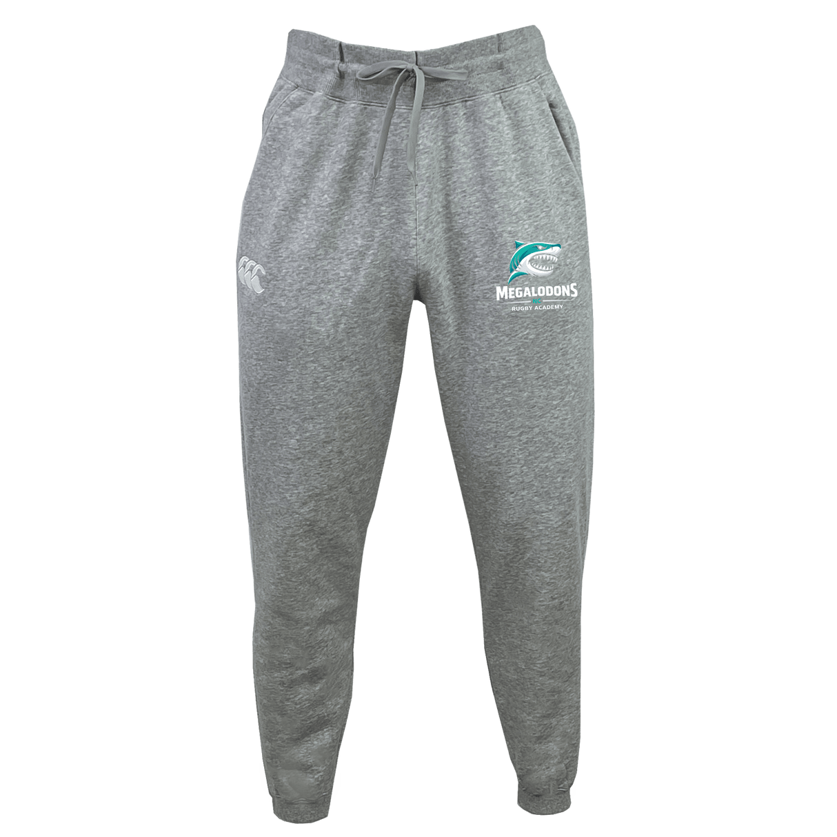 The EMB Canterbury NC Rugby Academy - Megalodons Leisure Sweatpant by Canterbury features gray sustainable fabric, a drawstring waist, the Megalodons logo and text on the right thigh, plus a small white logo on the left.