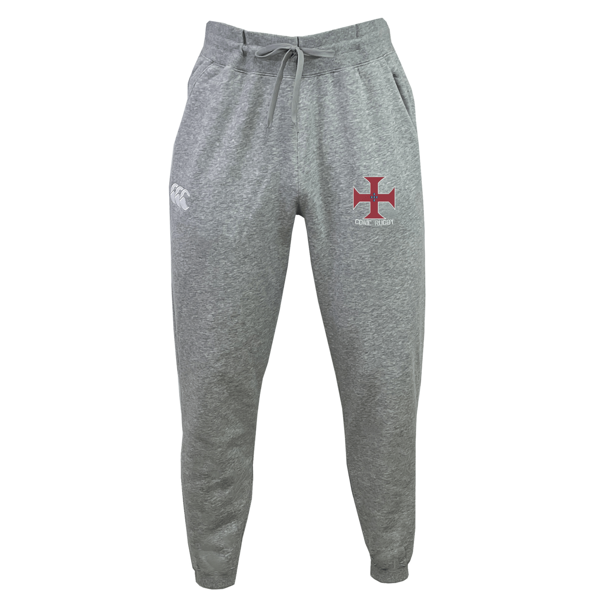 The SF CDME Rugby Leisure Sweatpant by EMB Canterbury is crafted from soft organic cotton in gray, offering a comfortable drawstring waist. The left thigh features a white EMB Canterbury logo, while the right thigh showcases a red cross emblem with text—making it an ideal choice for relaxed style. Displayed against a plain white background.
