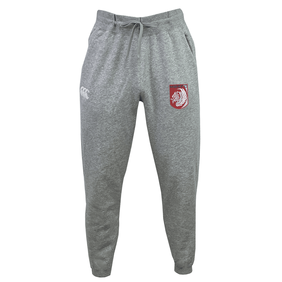 The Montgomery Bucks Griffins Leisure Sweatpant by EMB Canterbury is made from organic cotton, featuring an elastic waistband, drawstring, white thigh logo, and a red patch with a lion's head and "METU" text on the other.