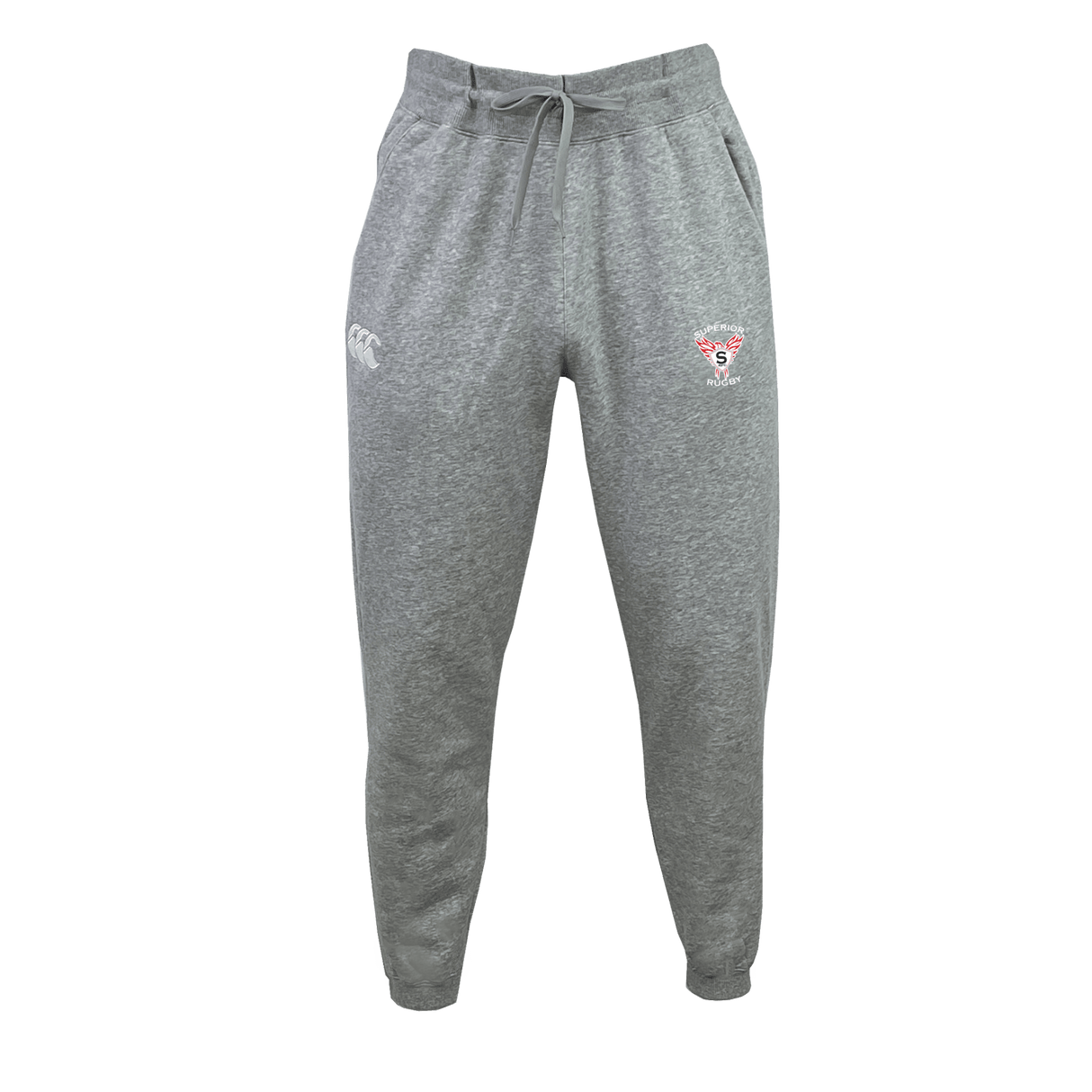 The Superior Rugby Club Leisure Sweatpant by EMB Canterbury is a gray jogger made from sustainable fleece, featuring an elastic waistband, drawstring, and two embroidered front thigh logos, shown on a plain white background.