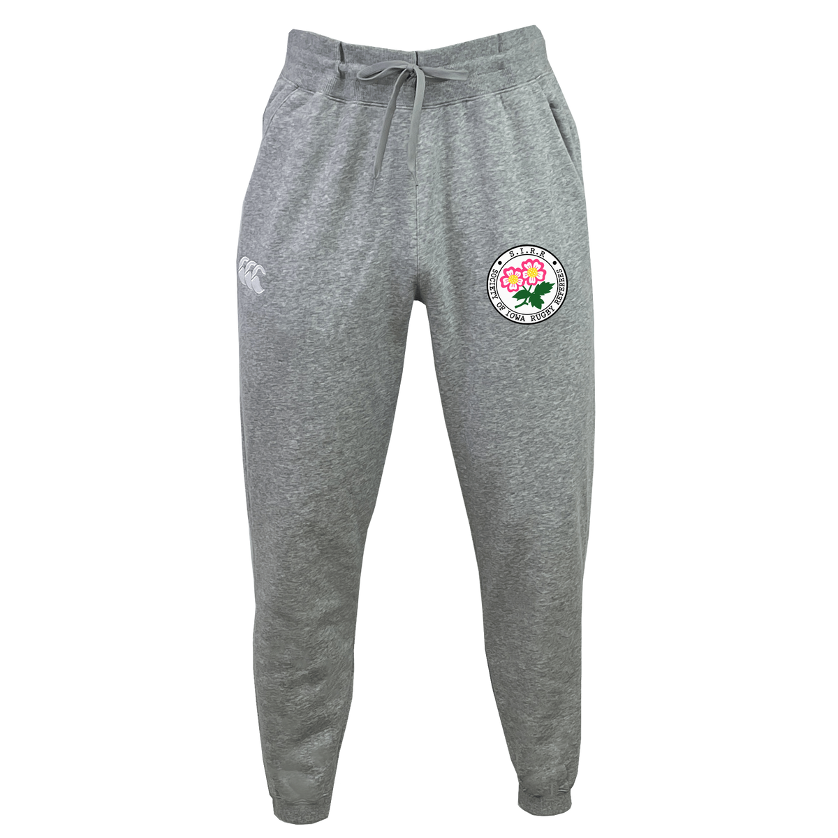 The Society of Iowa Rugby Referees Leisure Sweatpant by EMB Canterbury features an elastic waistband, drawstring, and two logos—one on the left thigh and one on the right thigh. Made from a soft blend of recycled polyester fleece, these gray leisure sweatpants are shown against a plain white background.