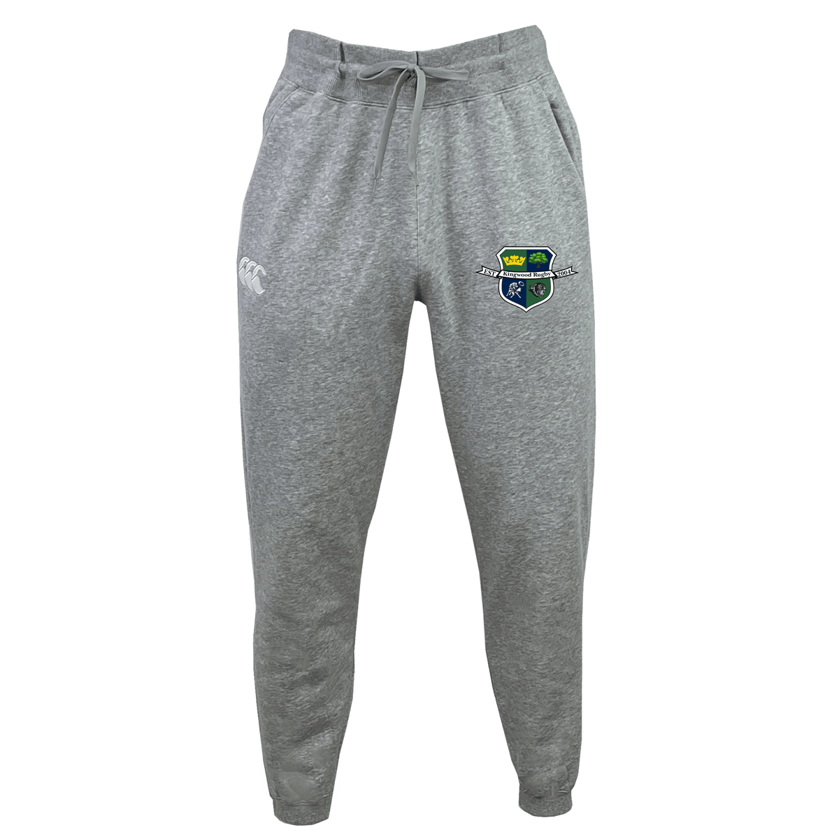 The Kingwood Rugby Leisure Sweatpant by EMB Canterbury features sustainable fabric, a drawstring waist, side pockets, cuffed ankles, and the Kingwood Rugby club crest on the left thigh.
