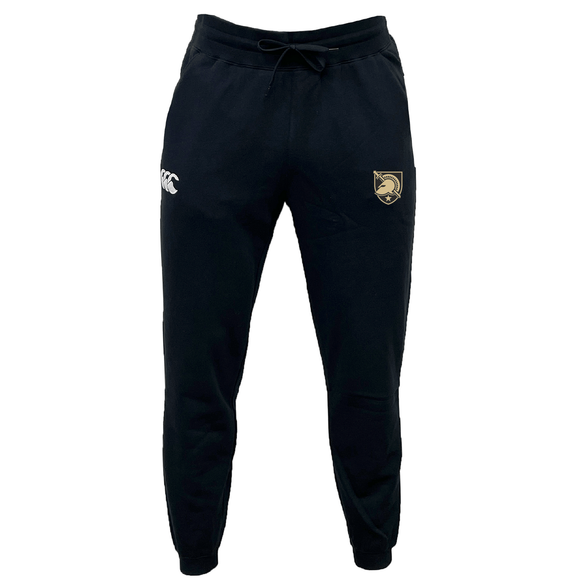 West Point Leisure Sweatpant by EMB Canterbury, designed in black sustainable fabric with a drawstring waist, featuring the Canterbury logo on the right thigh and left upper leg.