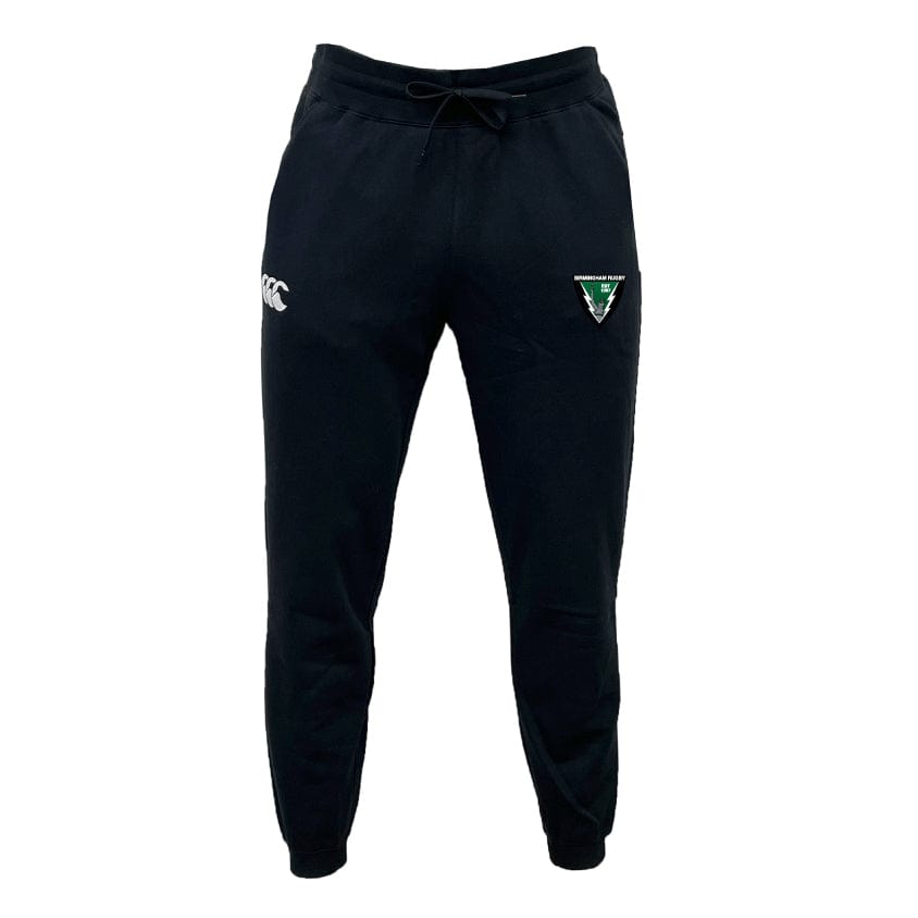 The Birmingham Rugby Leisure Sweatpants by EMB Canterbury, in black, are designed with a small white logo on the left thigh and a colored emblem on the right. Crafted from recycled polyester fleece, they provide comfort and style for any casual outing.