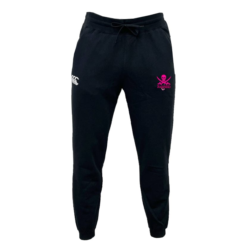 The SUNY Maritime Leisure Sweatpant by EMB Canterbury is crafted from organic cotton in black, featuring a white logo on the right thigh and a pink skull and crossbones design on the left thigh.