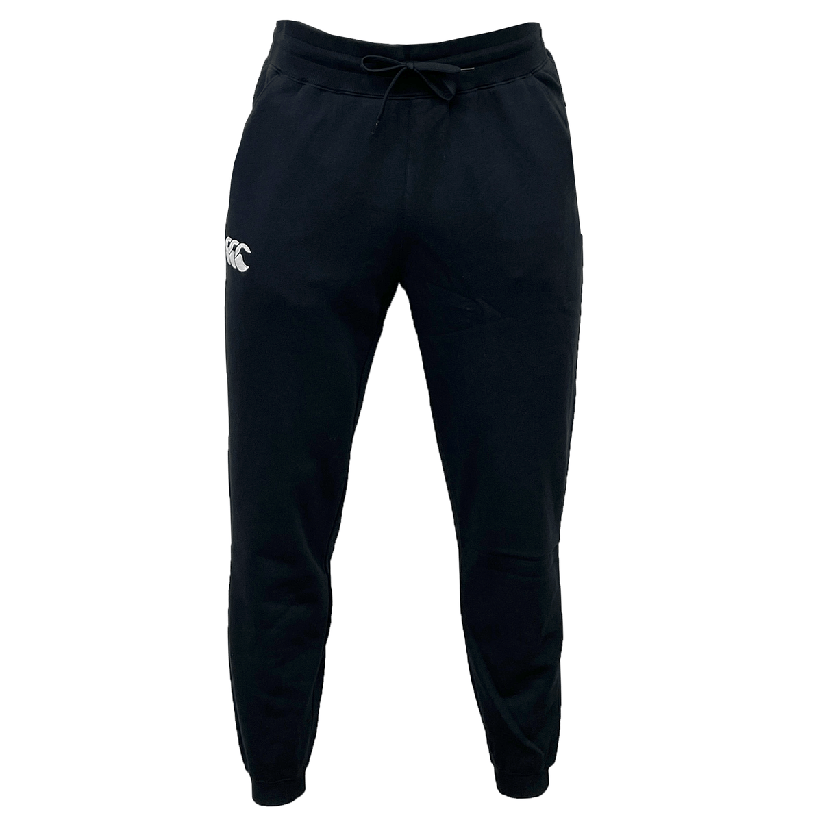 Canterbury Leisure Sweatpant in black with an elastic waistband and drawstring, crafted from a sustainable blend. A white Canterbury logo is present on the left thigh.