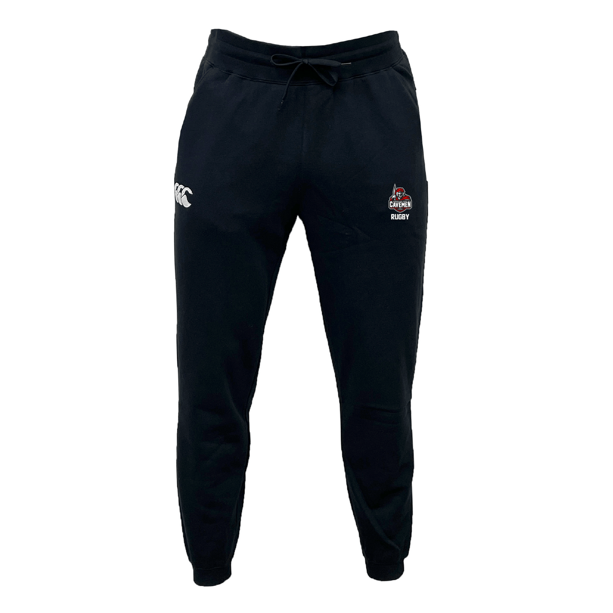 The American Fork Cavemen Leisure Sweatpant by EMB Canterbury features black organic cotton sweatpants with a drawstring waist and logos on the upper legs.