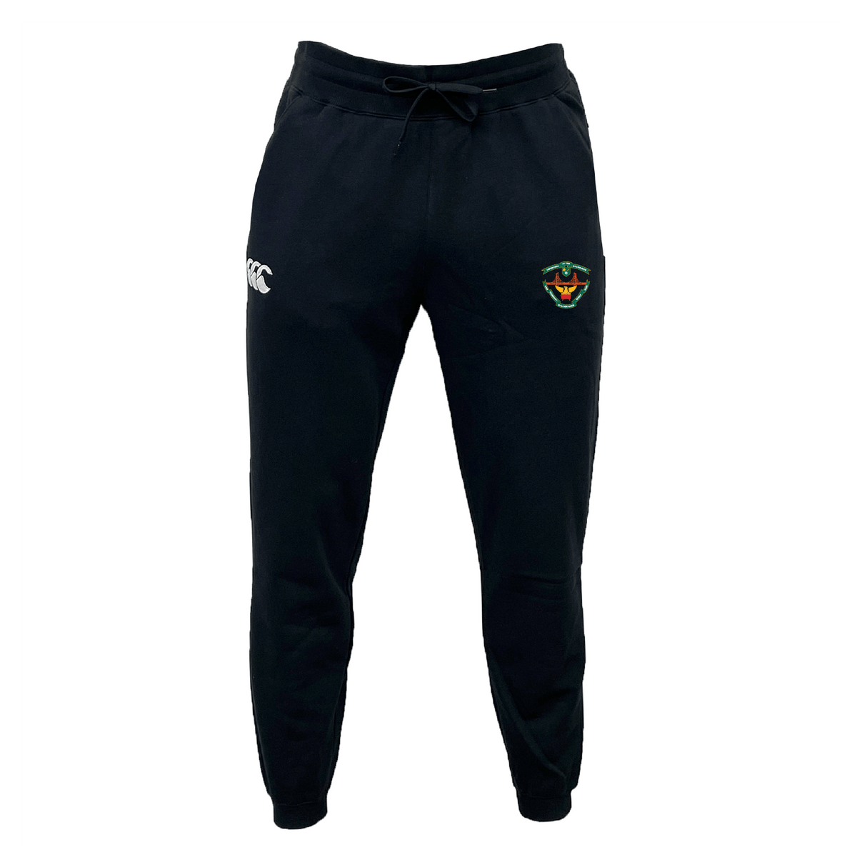 The San Francisco Golden Gate Leisure Sweatpants by EMB Canterbury feature a drawstring waist, are made from recycled polyester, and display a logo on the right thigh with an emblem on the left.