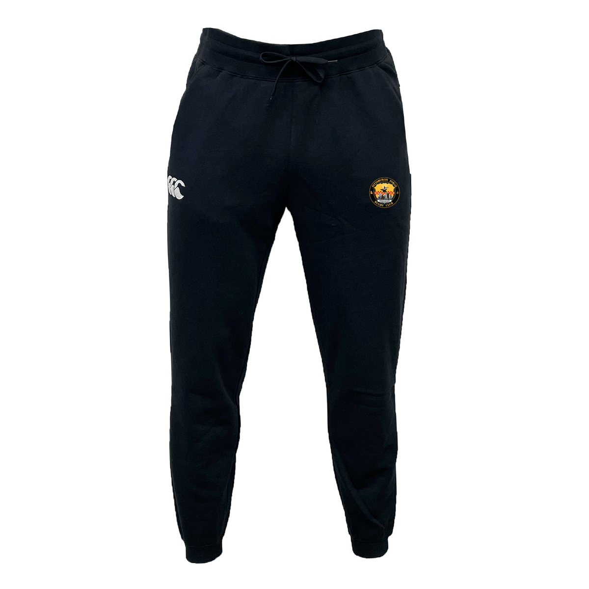Discover the ultimate comfort with EMB Canterbury's Pittsburgh Forge Leisure Sweatpant by Canterbury. Crafted from a sustainable blend of organic cotton, these black sweatpants feature a white logo on the left and a vibrant emblem on the right, offering both style and eco-friendly appeal.