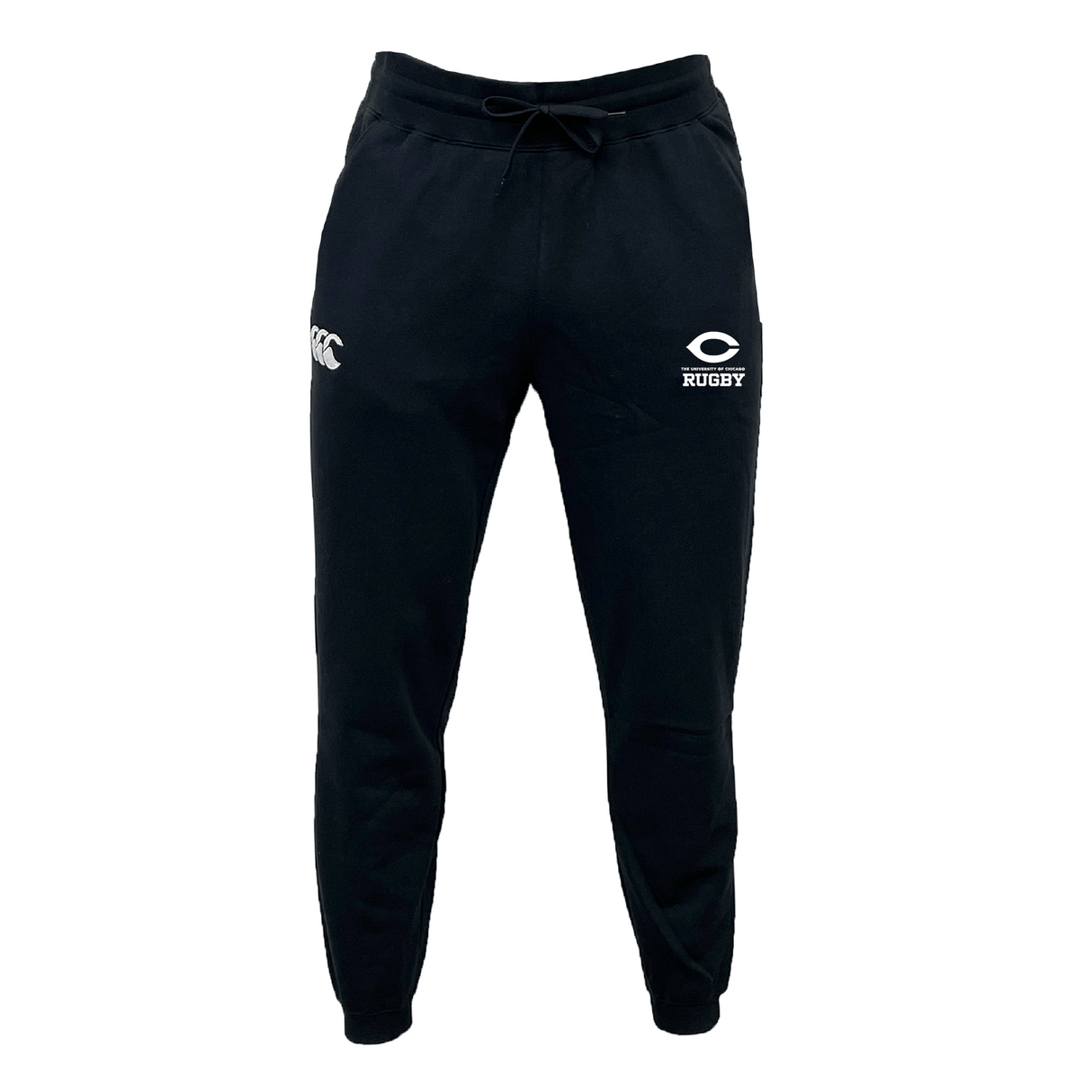 The University of Chicago Leisure Sweatpant by EMB Canterbury features black athletic sweatpants with a drawstring waist, made from recycled polyester and organic cotton. It showcases the "CCC" logo on the left thigh and "Rugby" text with an eye emblem on the right, ideal for active or leisure days.