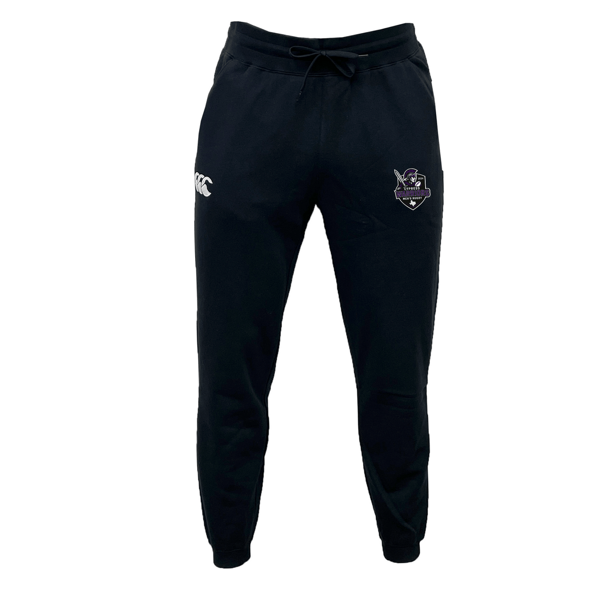 The Cypress Warriors Men's Rugby Leisure Sweatpant by EMB Canterbury features a white Canterbury logo on the left thigh, team crest on the right, and is made from recycled polyester fleece. Shown on a plain white background.