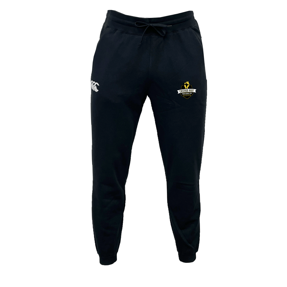 The EMB Canterbury Chicago Riot Leisure Sweatpant features a drawstring waist, recycled polyester fleece, a white logo on the left thigh, and a yellow crest on the right.