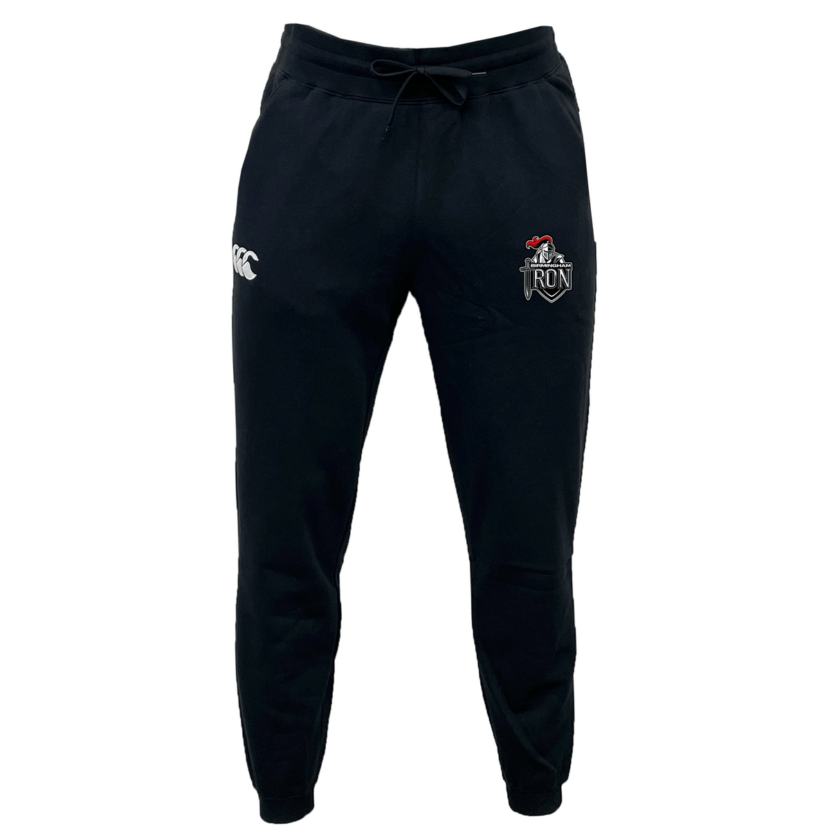 The Birmingham Iron Women's Football Leisure Sweatpant by EMB Canterbury features a drawstring waist, organic cotton comfort, a white "CCC" logo on the left thigh, and a crest with "RON" and red lion on the right. Stylish and sustainable.