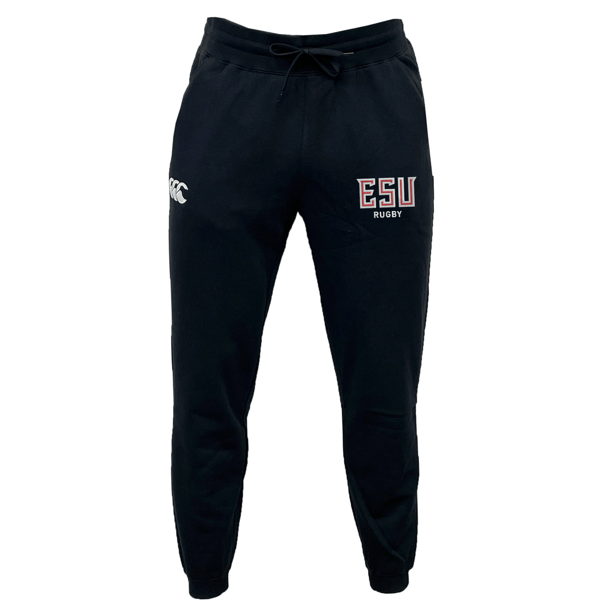 The EMB Canterbury East Stroudsburg University Leisure Sweatpant by Canterbury features "ESU Rugby" text and a white logo on the left thigh, shown in black against a plain white background.