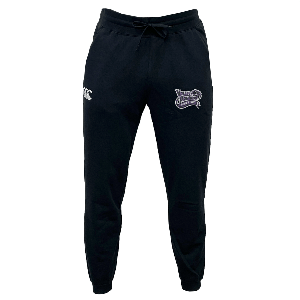 Valley Panthers Girls Rugby Leisure Sweatpant by Canterbury, featuring a drawstring waist, EMB Canterbury logo on the left thigh, and a distinctive “Valley Panthers” crest on the right thigh, crafted from sustainable materials for comfort and eco-conscious style.