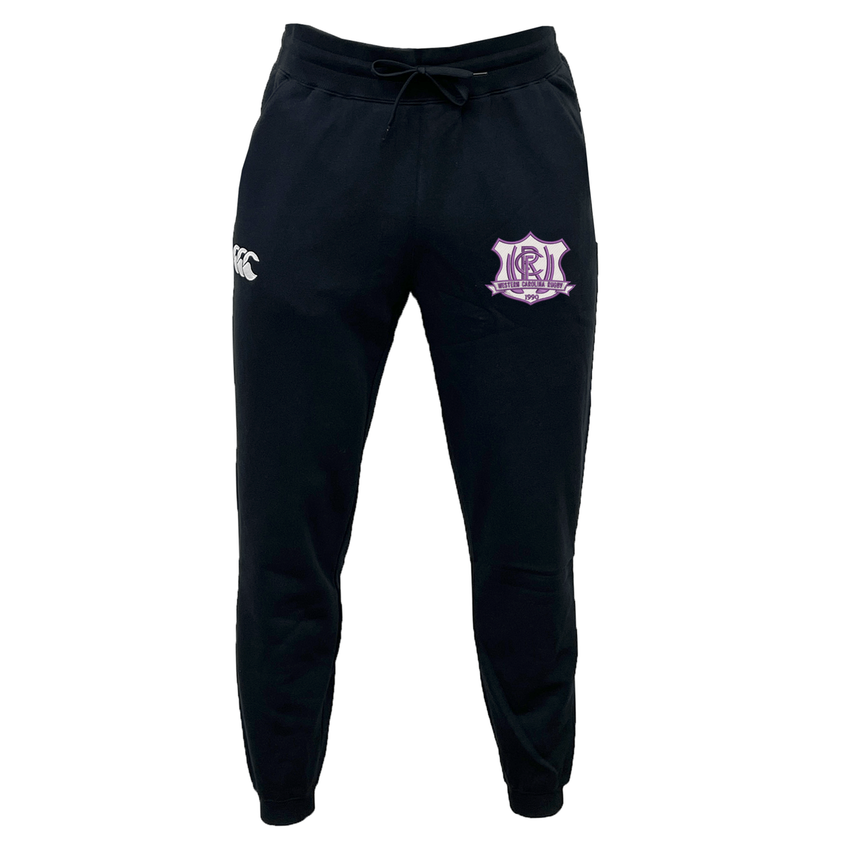 Black organic cotton Western Carolina University Leisure Sweatpant by Canterbury with an elastic drawstring waist and a logo on the left hip featuring the text “Western Carolina Rugby 1990.”