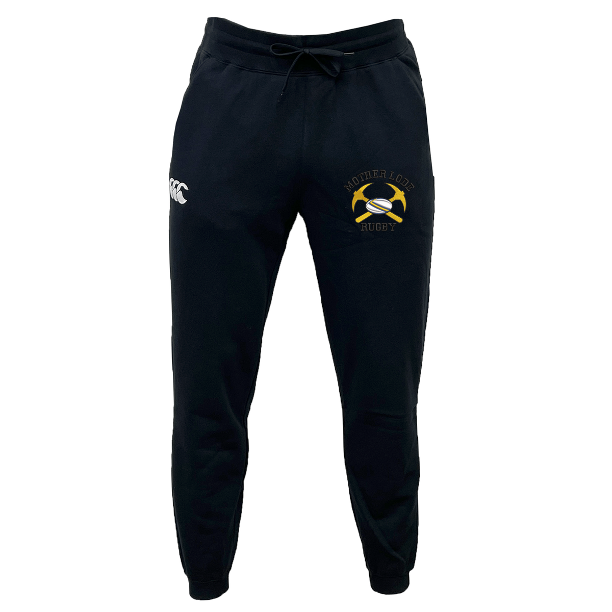 Black organic cotton Mother Lode Leisure Sweatpant by Canterbury featuring a drawstring waist, a logo on the right hip, and a Mother Lode Rugby emblem on the left thigh.