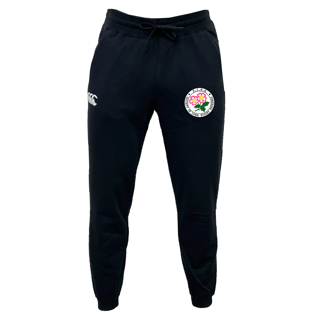 Society of Iowa Rugby Referees Leisure Sweatpant by EMB Canterbury, crafted from soft organic cotton sweatpants material, features a white logo on the right leg and a circular embroidered patch with a flower design on the left leg.