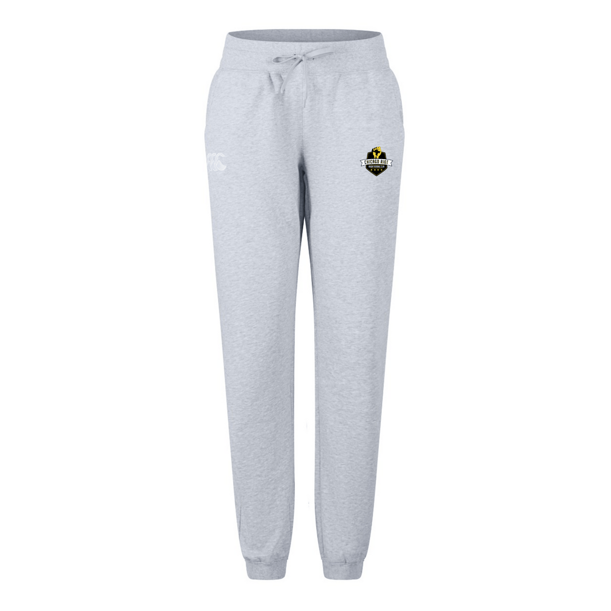 The Chicago Riot Women's Leisure Sweatpant by EMB Canterbury is crafted from organic cotton in light gray, featuring an elastic waistband, drawstring, side pockets, and two embroidered logos for everyday comfort.
