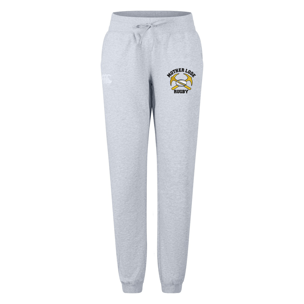 Light gray Mother Lode Women’s Leisure Sweatpant by Canterbury featuring a drawstring waist and a thigh graphic with two crossed gold pickaxes and the text “MOTHER LODE RUGBY.”