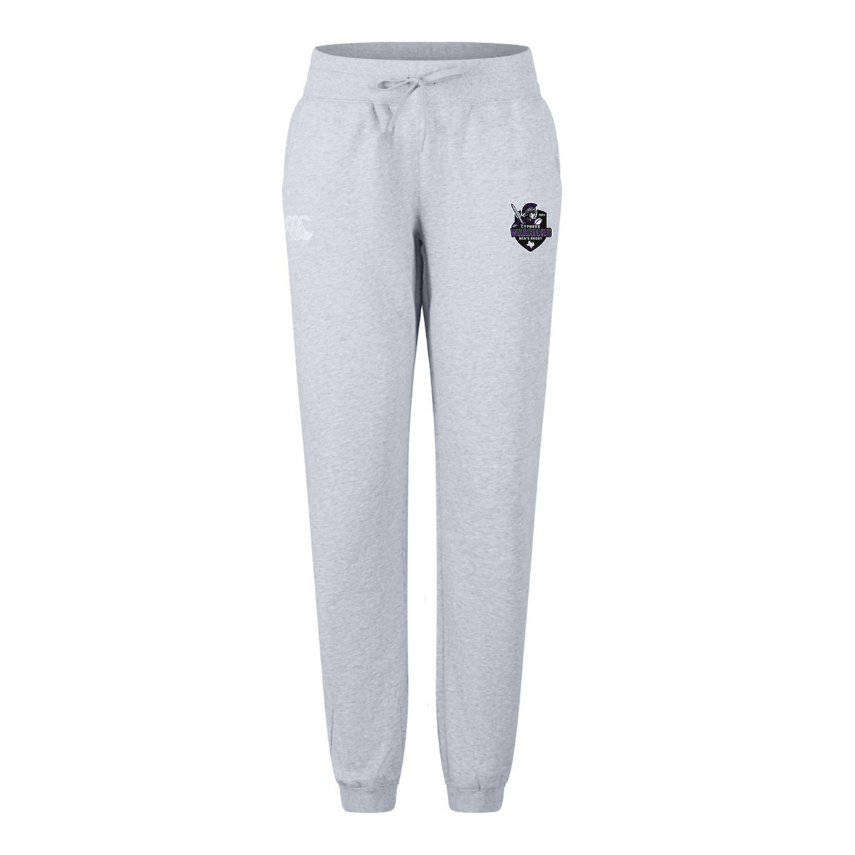 The Cypress Warriors Men's Rugby Women's Leisure Sweatpant by EMB Canterbury features light grey organic cotton, a drawstring waist, cuffed ankles, and two embroidered front logos, displayed against a white background.