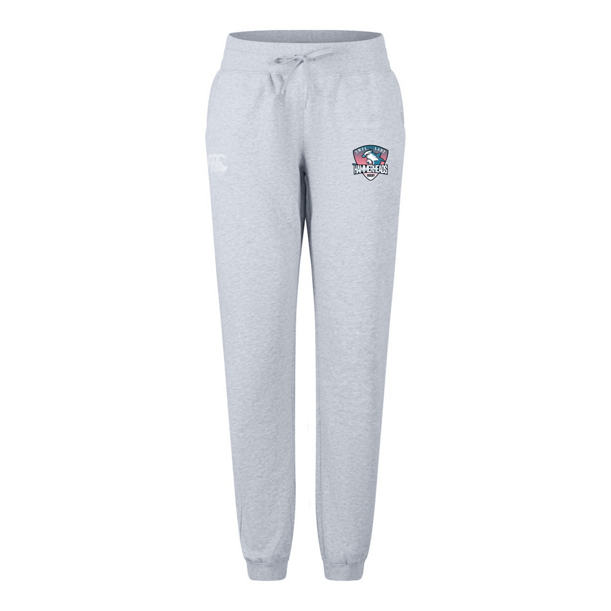 The SWFL Lady Hammerheads Women's Leisure Sweatpant by WRS Canterbury features a light grey hue, drawstring waist, and a small embroidered logo patch on the left thigh—blending comfort with style.