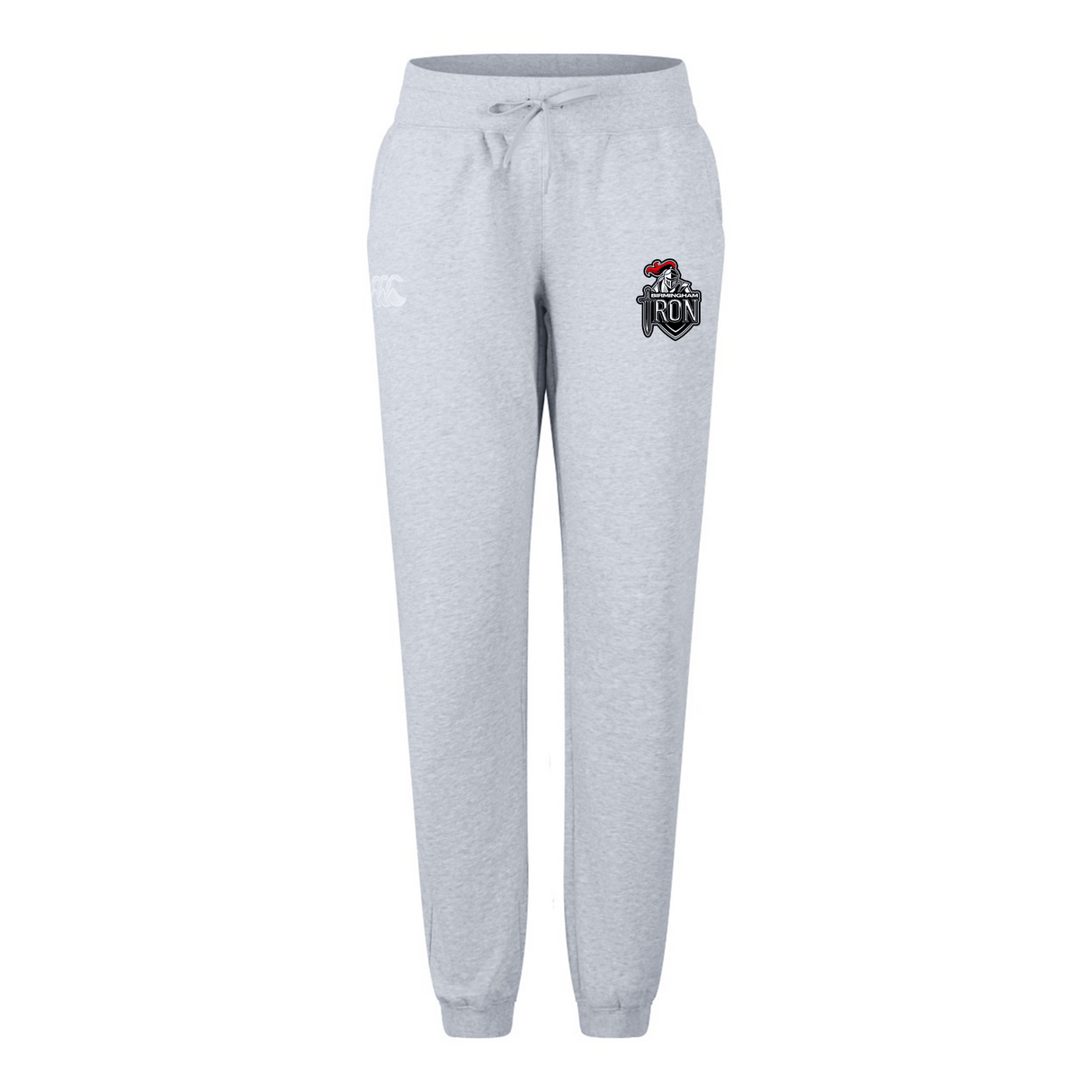 The Birmingham Iron Women’s Leisure Sweatpant by EMB Canterbury features light gray organic cotton, a drawstring waist, side pockets, and a knight’s helmet “IRON” logo—perfect for comfort and style.