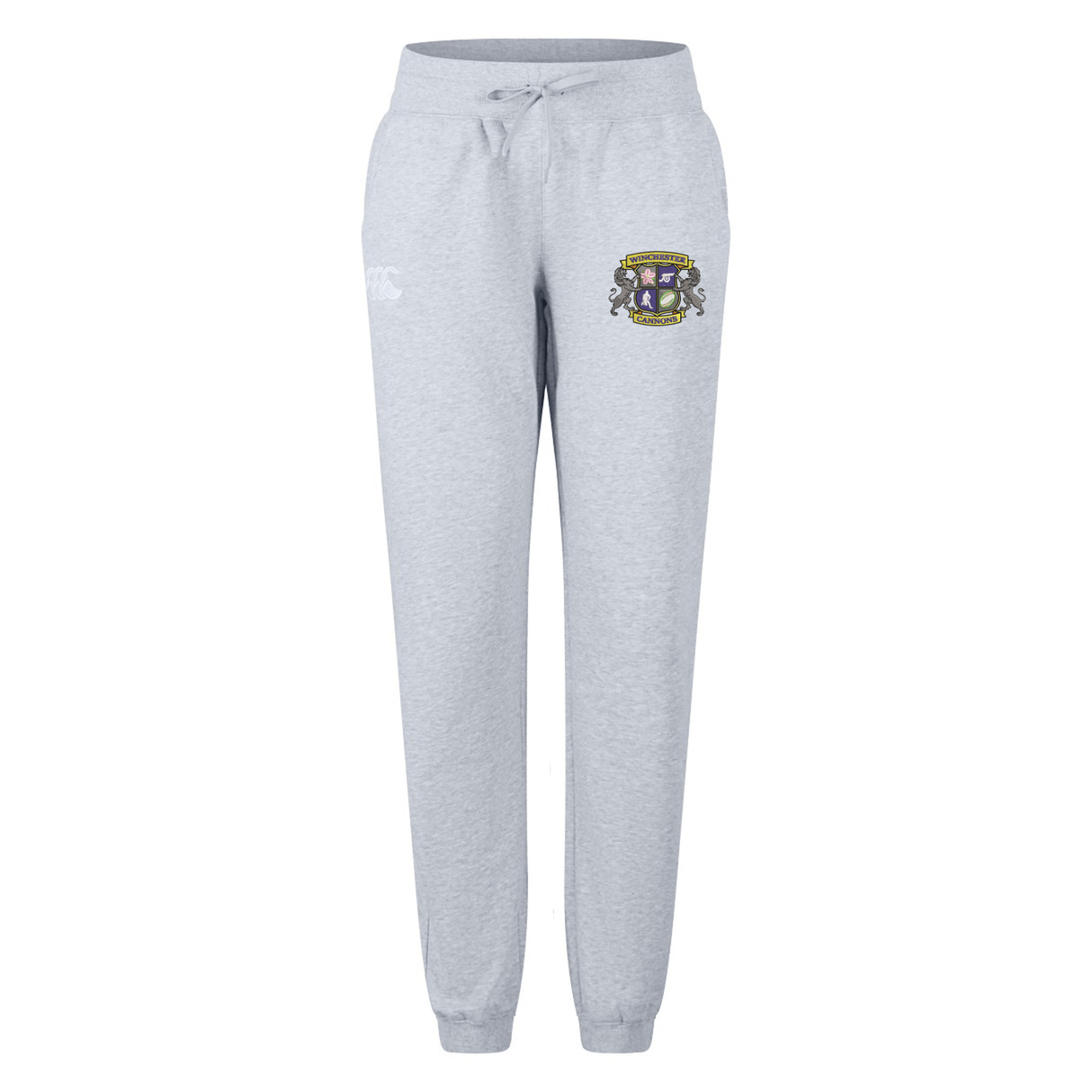 The Winchester Cannons Women's Leisure Sweatpant by EMB Canterbury features a light grey organic cotton design with a drawstring waist, a crest logo on the left thigh, and a white graphic on the right hip.